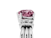 Fancy Pink Three-Stone Heart Cut Diamond Channel Set Ring Set in Silver with Bar Prongs
