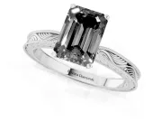 Fancy Black Emerald Cut Diamond Solitaire Milgrain Engraved Band Set in White gold with Prong Setting