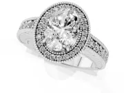 Oval Cut Diamond Halo Ring Set in White gold with Round Accent Halo, Pavé Band and Prong Setting