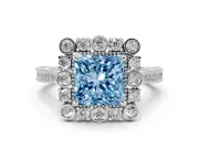 Fancy Blue Princess Cut Diamond Halo Milgrain Pavé Ring Set in White gold with Prong Setting