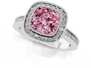 Fancy Pink Cushion Cut Diamond Halo Ring Set in Platinum with Pavé Band and Milgrain-Edged Prongs