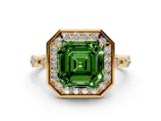 Asscher Cut Halo Engagement Ring Setting for a Fancy Green Lab-Grown Diamond | Bezel Station Shoulders | Yellow Gold