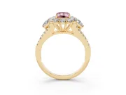 Fancy Pink Emerald Cut Diamond Halo Split Shank Engagement Ring Set in Yellow gold with Prong-Held Center Stone