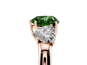 Fancy Green Heart Cut Diamond Three-Stone Ring Set in Rose gold with Bold Center and Classic Band