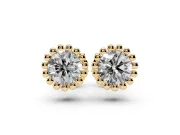 Round Lab-Grown Diamond Scalloped Solitaire Stud Earrings | Beaded Crown Head | Yellow Gold