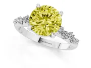 Fancy Yellow Round Cut Diamond Solitaire Vine Band Ring Set in Platinum with Round Accents and Prong Setting
