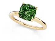 Fancy Green Cushion Cut Diamond Solitaire Ring Set in Yellow gold with Thin Band and Prong Setting