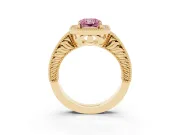 Fancy Pink Radiant Cut Diamond Halo Ring Set in Yellow gold with Round Accent Halo, Pavé Band and Prong Setting