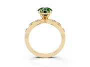 Fancy Green Round Cut Diamond Solitaire Ring Set in Yellow gold with Side Stones on Criss-Cross Band and Prong Setting