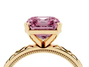 Fancy Pink Asscher Cut Diamond Solitaire Ring Set in Yellow gold with Milgrain and Black Enamel X Pattern Band