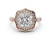 Princess Cut Vintage Scalloped Halo Engagement Ring Setting | Pave Band | Rose Gold
