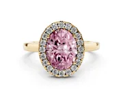 Fancy Pink Oval Cut Diamond Halo Solitaire Ring Set in Yellow gold with Pavé Band and Prong Setting