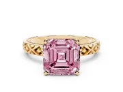 Fancy Pink Asscher Cut Diamond Solitaire Ring Set in Yellow gold with Milgrain and Black Enamel X Pattern Band