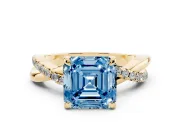 Fancy Blue Asscher Cut Diamond Twist Band Solitaire Set in Yellow gold with Pavé Accents and Prong Setting