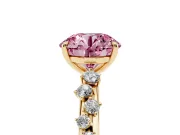 Fancy Pink Round Cut Diamond Cluster Solitaire Ring Set in Yellow gold with Prong Setting