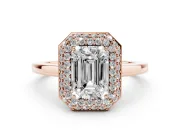 Emerald Cut Pave Halo Engagement Ring Setting | Slim Plain Band | Rose Gold