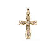 Round Lab-Grown Diamond Bezel Milgrain Cross Pendant Necklace | Scrolled Outline | Yellow Gold