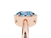 Fancy Blue Oval Cut Diamond Halo Engagement Ring Set in Rose gold with Plain Split Shank and Prong Setting