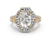 Oval Cut Diamond Halo Engagement Ring Set in Yellow gold with Split Shank and Prong Setting