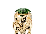 Fancy Green Round Cut Diamond Leaf-Inspired Engagement Ring Set in Yellow gold with Round Accents