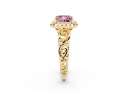 Fancy Pink Princess Cut Diamond Halo Ring Set in Yellow gold with Scrollwork Band and Prong Setting