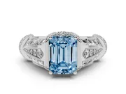 Fancy Blue Emerald Cut Diamond Vintage-Inspired Milgrain Ring Set in Silver with Accent Split Shank
