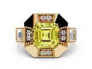 Fancy Yellow Asscher Cut Diamond Milgrain Halo Ring Set in Yellow gold with Split Shank
