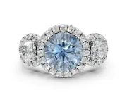 Round Three Stone Halo Engagement Ring Setting for a Fancy Blue Lab-Grown Diamond | Platinum
