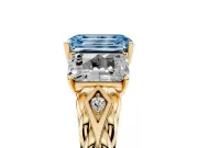 Fancy Blue Emerald Cut Diamond Three-Stone Ring Set in Yellow gold with Braided Band