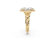 Marquise Cut Diamond Halo Ring Set in Yellow gold with Scrollwork Band and Prong Setting
