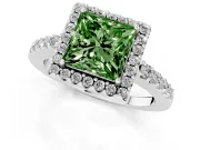 Fancy Green Princess Cut Diamond Halo Pavé Solitaire Ring Set in White gold with Prong-Set Center Stone