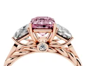 Fancy Pink Emerald Cut Diamond Three-Stone Ring Set in Rose gold with Braided Band