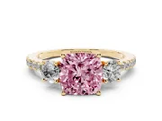 Cushion Cut Three Stone Engagement Ring Setting for a Fancy Pink Lab-Grown Diamond | Pave Shoulders | Yellow Gold