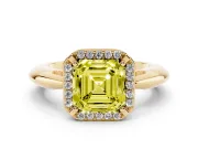Fancy Yellow Asscher Cut Diamond Halo Engagement Ring Set in Yellow gold with Plain Split Shank and Prong Setting