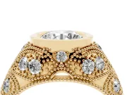 Round Cut Diamond Bezel Ring Set in Yellow gold with Milgrain Accent Band