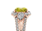 Fancy Yellow Asscher Cut Diamond Halo Split Shank Engagement Ring Set in Rose gold with Prong-Held Center Stone