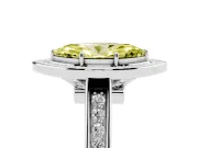 Fancy Yellow Marquise Cut Diamond Halo Solitaire Ring Set in White gold with Pavé Band and Bezel Setting