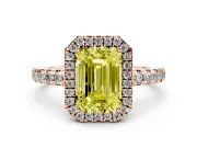 Fancy Yellow Emerald Cut Diamond Halo Ring Set in Rose gold with Delicate Pavé Band and Prong Setting