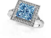 Fancy Blue Princess Cut Diamond Halo Engagement Ring Set in White gold with Milgrain Pavé Band