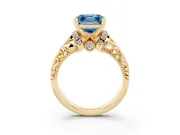 Fancy Blue Asscher Cut Diamond Filigree Halo Engagement Ring Set in Yellow gold with Prong Setting