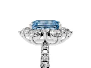 Fancy Blue Emerald Cut Diamond Floral Halo Ring Set in White gold with Round Pavé Band and Prong Setting