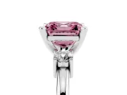 Fancy Pink Three-Stone Asscher Cut Diamond Ring Set in Platinum with Prong Setting and Plain Band