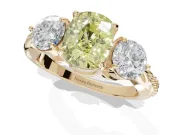 Cushion Cut Three Stone Engagement Ring Setting for a Fancy Yellow Lab-Grown Diamond | Tapered Pave Band | Yellow Gold