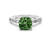 Fancy Green Cushion Cut Diamond Solitaire Set in White gold with Side Baguettes and Channel Set Band
