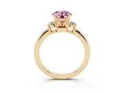 Fancy Pink Three-Stone Round Cut Diamond Ring Set in Yellow gold with Prong Setting and Plain Band