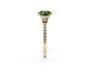 Fancy Green Round Cut Diamond Three-Stone Ring Set in Yellow gold with Pavé Band and Graduated Sides