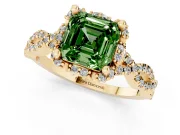 Fancy Green Asscher Cut Diamond Halo Twist Band Solitaire Ring Set in Yellow gold with Prong-Set Center Stone