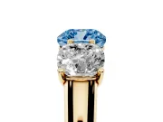 Cushion Cut Three Stone Engagement Ring Setting for a Fancy Blue Lab-Grown Diamond | Basket Prong Heads | Yellow Gold