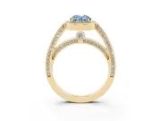 Fancy Blue Oval Cut Diamond Halo Pavé Split Shank Ring Set in Yellow gold with Prong Setting