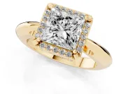 Princess Cut Diamond Halo Engagement Ring Set in Yellow gold with Plain Split Shank and Prong Setting